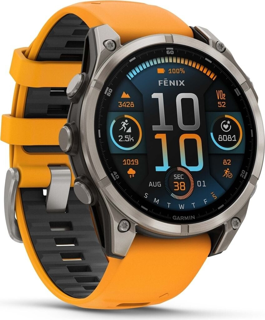 Garmin Fenix 8 47MM Solar Sapphire Multisport GPS watch Titanium avec bracelet en silicone orange/graphite