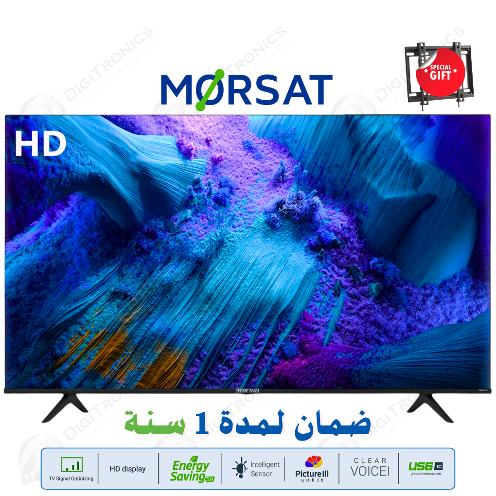 MORSAT 32 HD Téléviseur LED avec USB Clear Voice II et Tuner DVB-T2/S2 + Support Gratuit