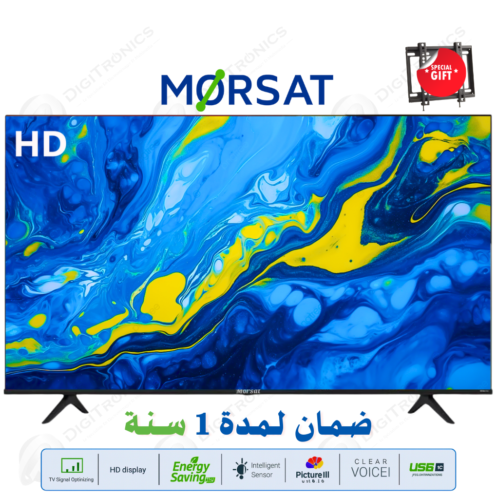 Télévision MORSAT 24 HD Led TV Éco avec Tuner DVB-T2/S2 et Port USB + Support Gratuit