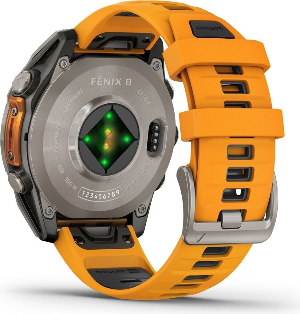 Garmin Fenix 8 47MM Solar Sapphire Multisport GPS watch Titanium avec bracelet en silicone orange/graphite