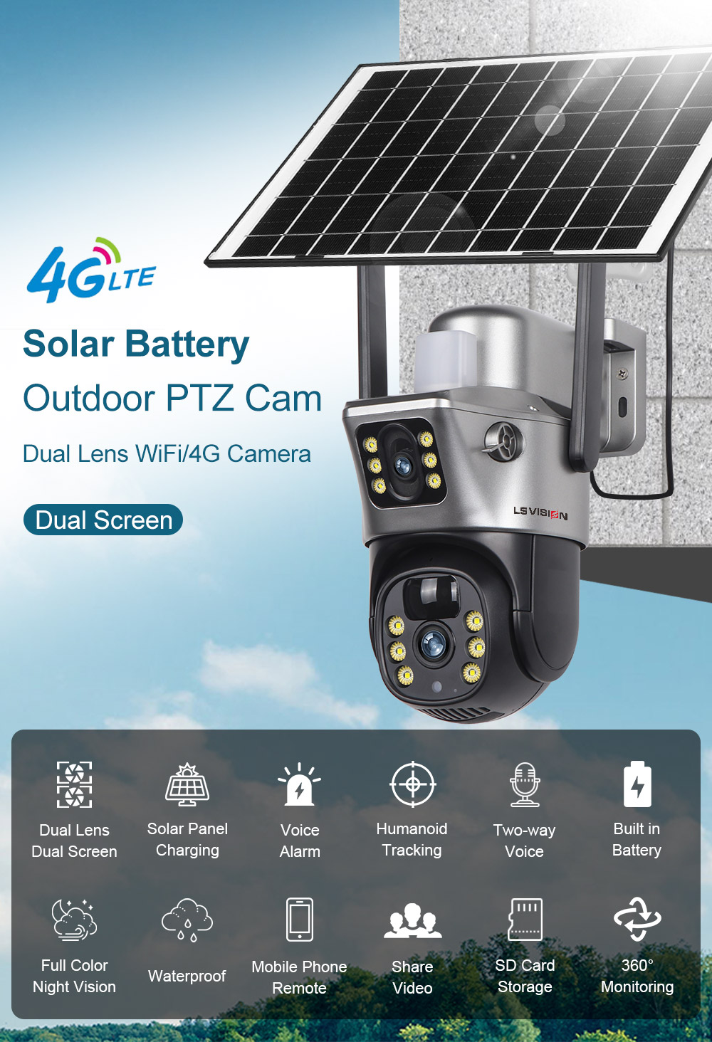 Caméra De Surveillance Extérieure Solaire 4G - Double Objectif 10MP - Détection 25m - Carte SIM Et SD Incluses